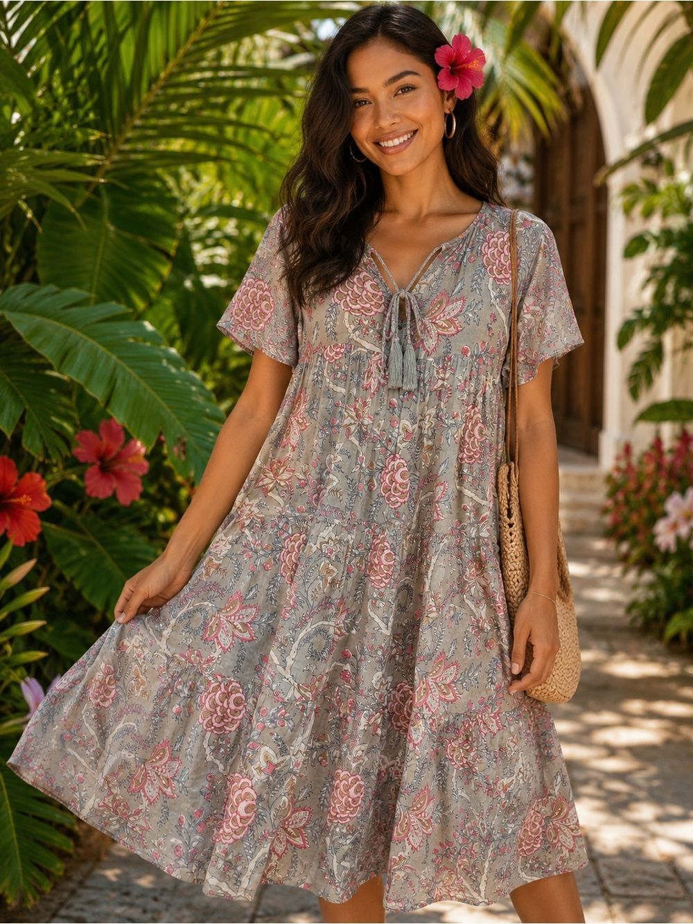The Fox And The Mermaid Grey Pink Floral Venice Floral Tiered Midi Dress M/L